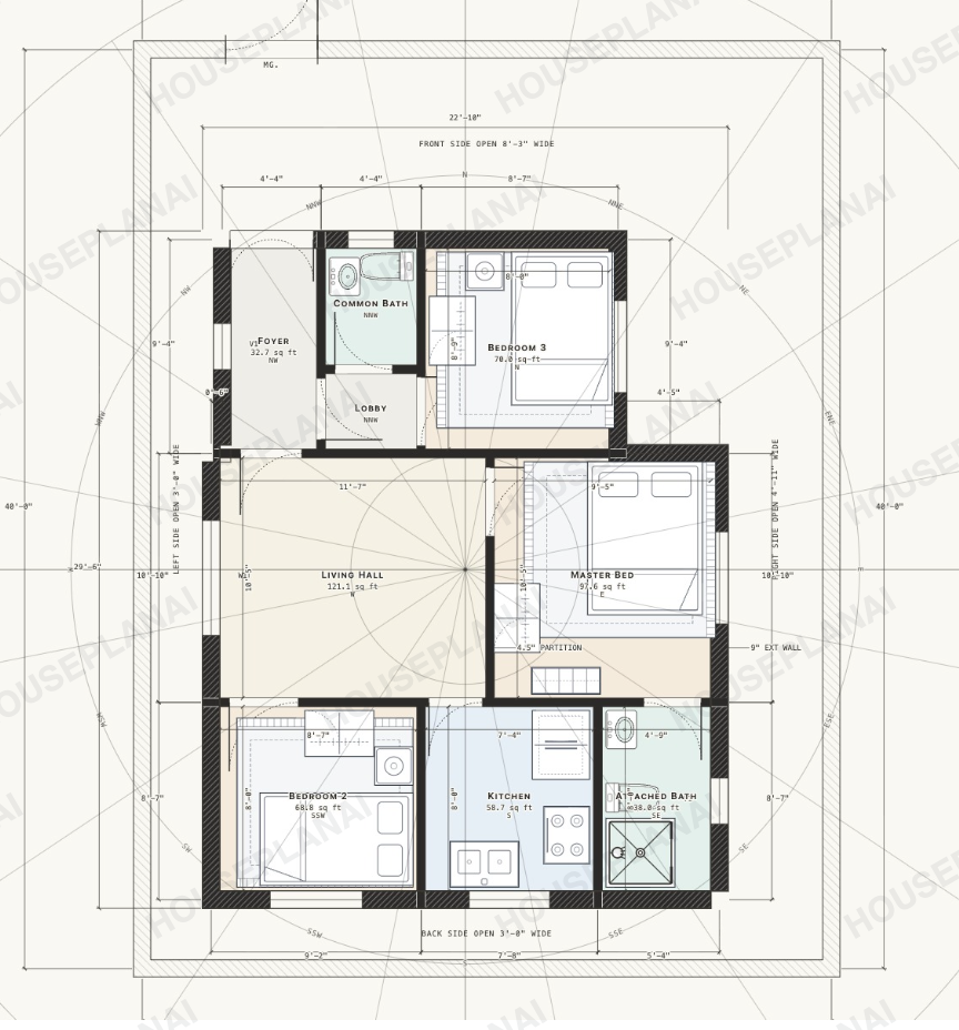 The same floor plan under the vastu direction overlay: a compass chakra centred on the plan with each room marked with the direction it sits in