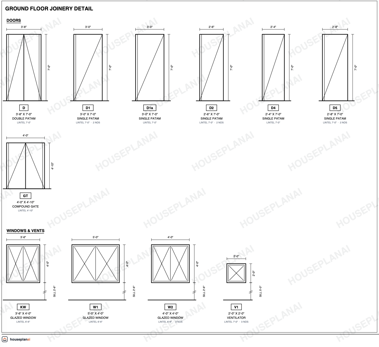 Joinery detail sheet: every door, the compound gate, the windows and the ventilators drawn face-on with their width, height, lintel and sill heights