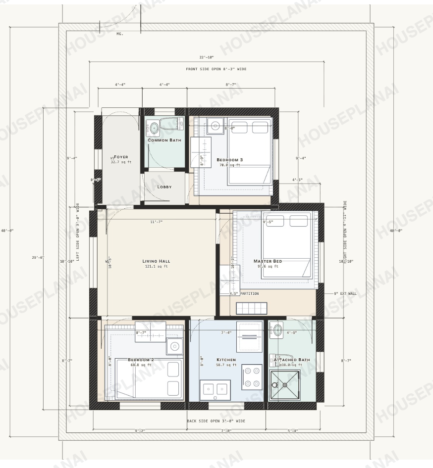 A dimensioned floor plan sheet: a 3BHK ground floor with every wall measured, room names and areas in square feet