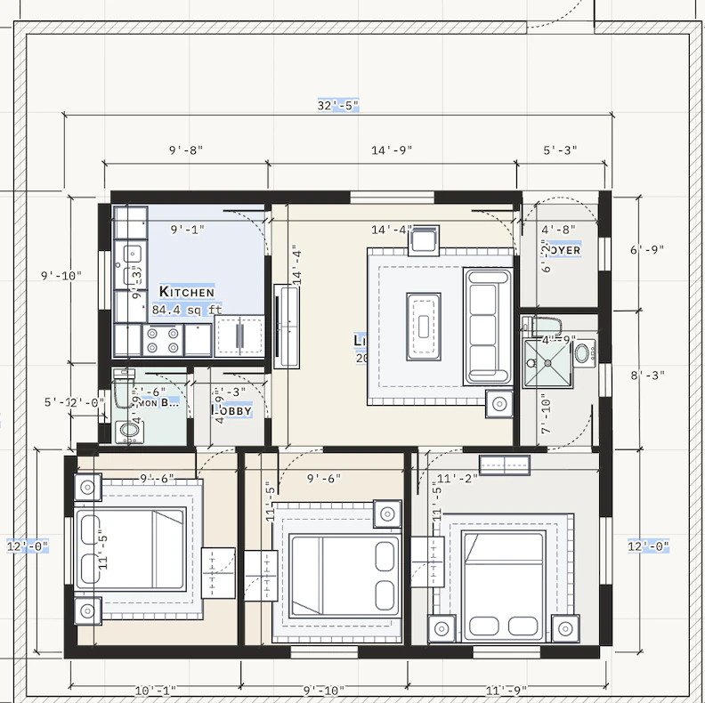 2D floor plan with dimensions for a 3BHK on a 40x40 ft plot