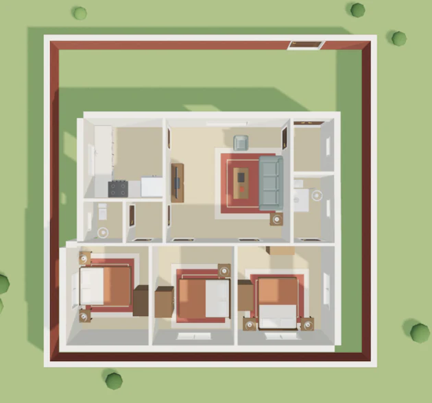 3D top-down render of the same 3BHK house
