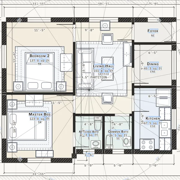 Vastu compass overlay on the same floor plan