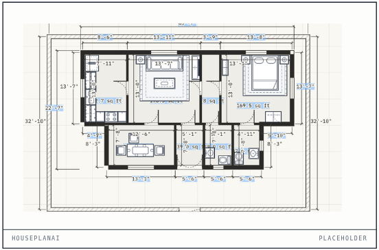 Example 10 × 15 m house plan drawn to scale in HousePlanAI