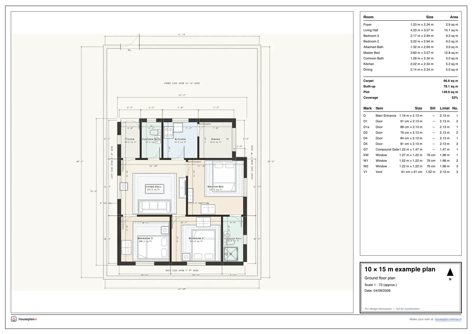 Example 10 × 15 m house plan sheet drawn by HousePlanAI: rooms, doors, windows and dimensions
