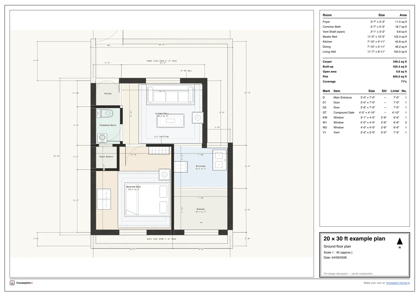 Example 20 × 30 ft house plan sheet drawn by HousePlanAI: rooms, doors, windows and dimensions
