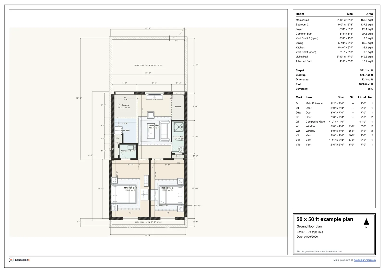 Example 20 × 50 ft house plan sheet drawn by HousePlanAI: rooms, doors, windows and dimensions