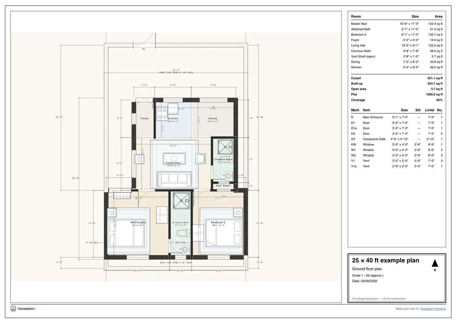 Example 25 × 40 ft house plan sheet drawn by HousePlanAI: rooms, doors, windows and dimensions