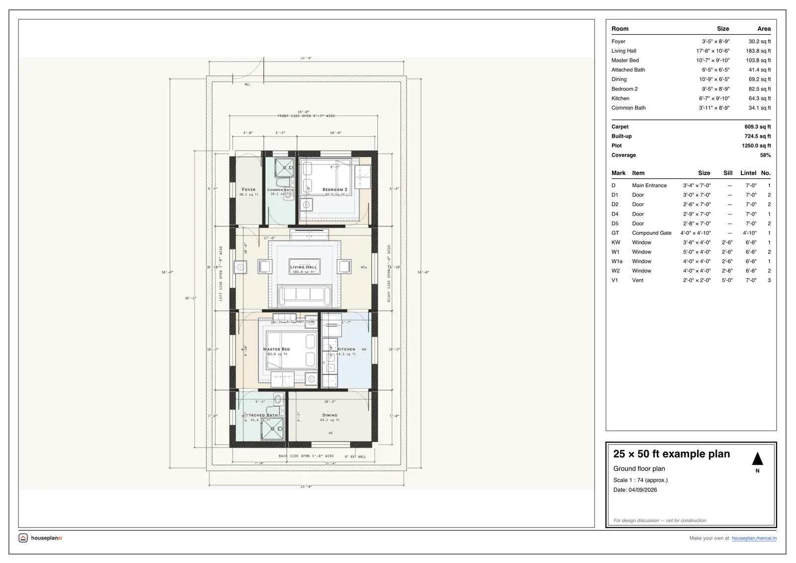 Example 25 × 50 ft house plan sheet drawn by HousePlanAI: rooms, doors, windows and dimensions