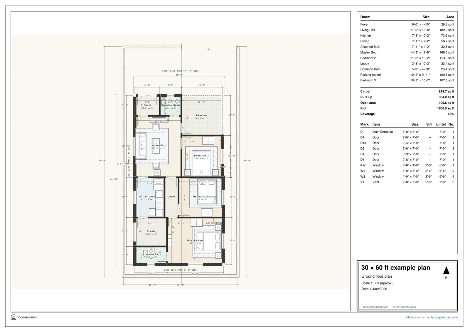Example 30 × 60 ft house plan sheet drawn by HousePlanAI: rooms, doors, windows and dimensions
