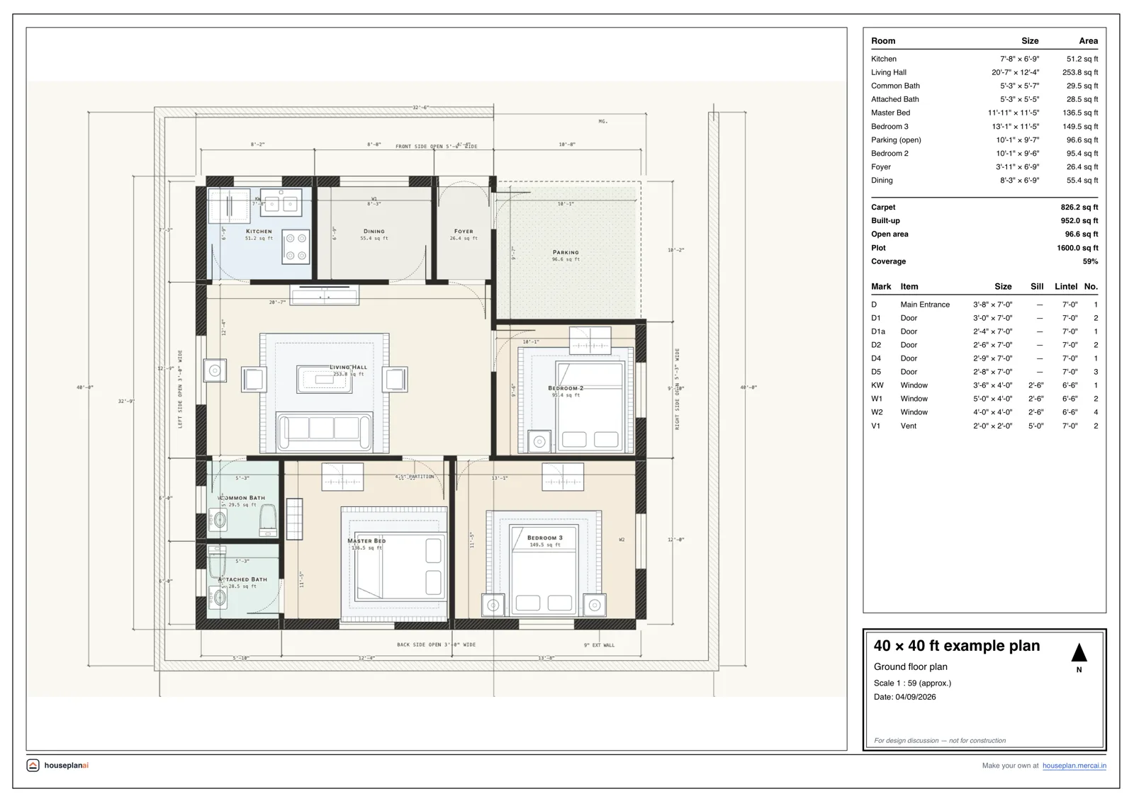 Example 40 × 40 ft house plan sheet drawn by HousePlanAI: rooms, doors, windows and dimensions