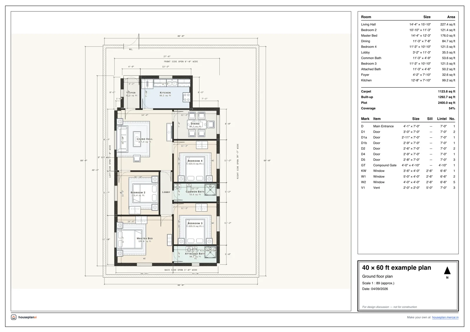 Example 40 × 60 ft house plan sheet drawn by HousePlanAI: rooms, doors, windows and dimensions