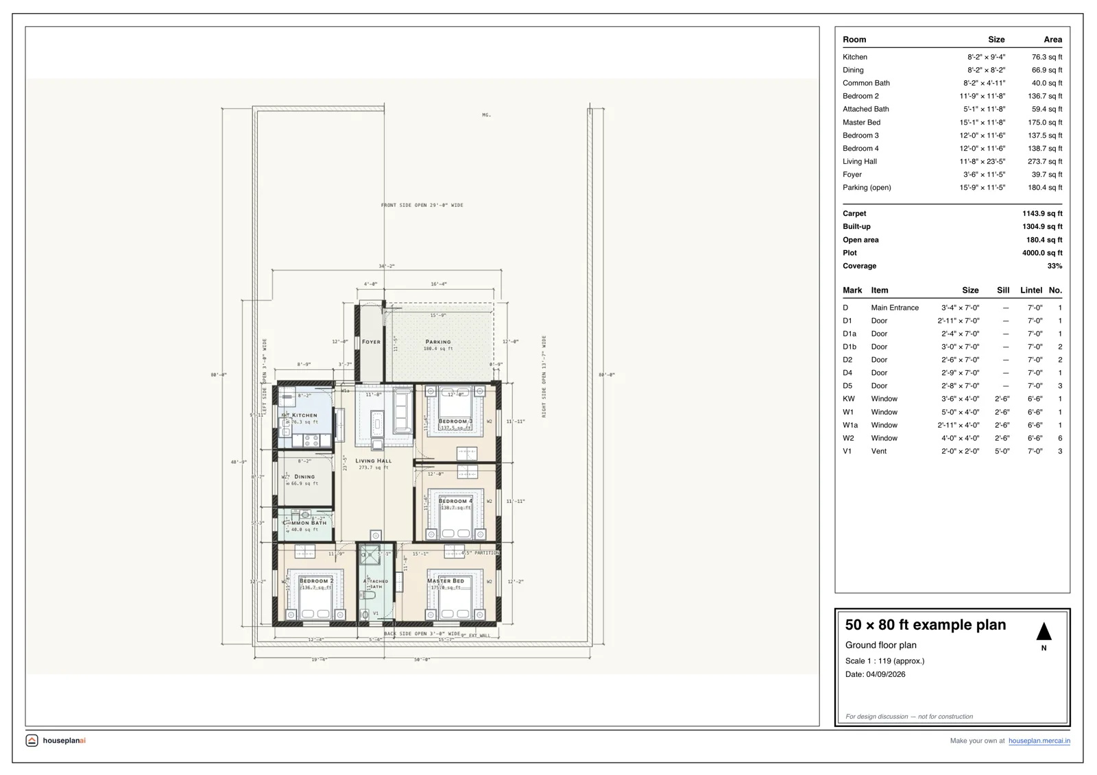 Example 50 × 80 ft house plan sheet drawn by HousePlanAI: rooms, doors, windows and dimensions