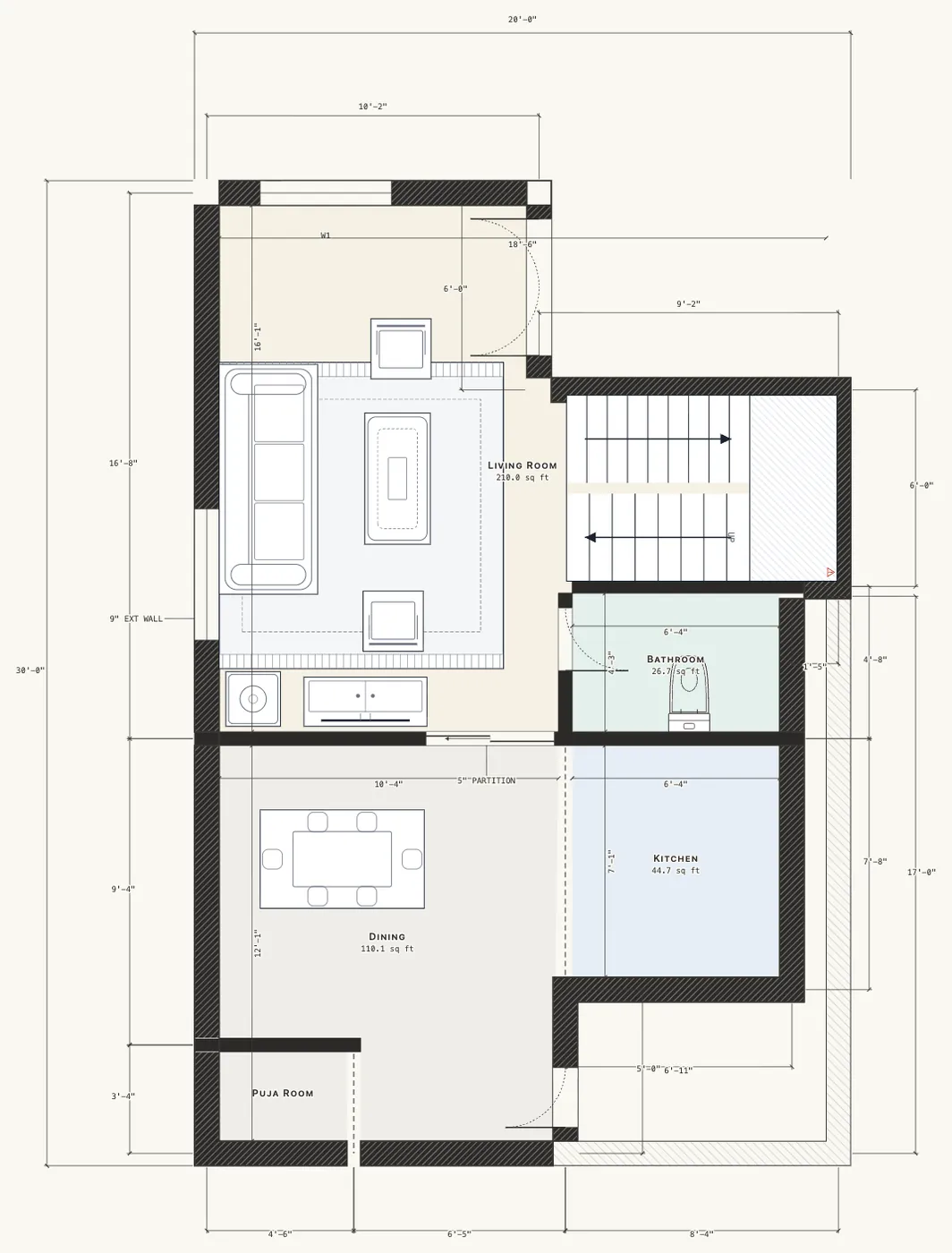 Dimensioned ground floor plan of a 20 by 30 foot, north-facing 2 BHK two-storey house