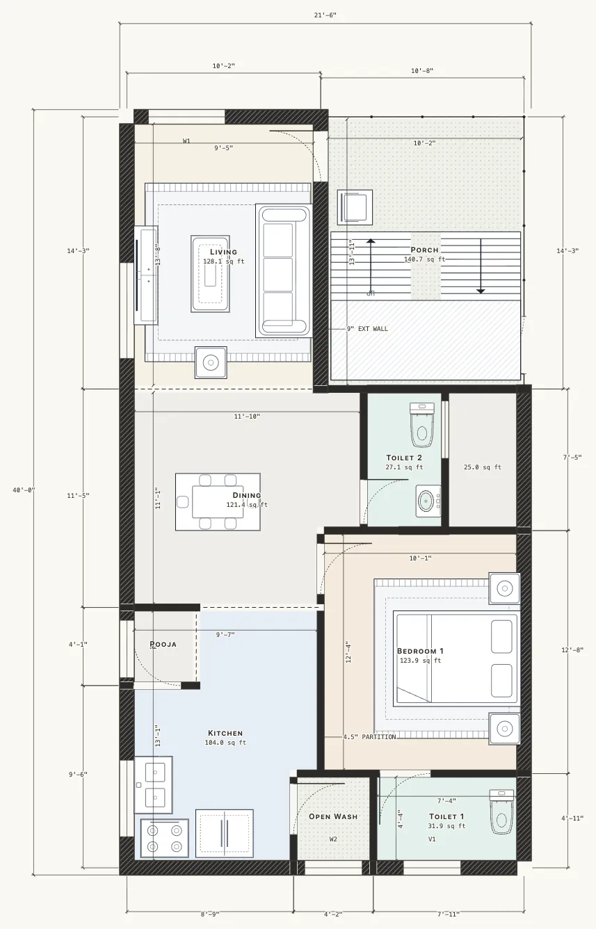Dimensioned ground floor plan of a 25 by 40 foot, north-facing 3 BHK two-storey house with porch, living, dining, pooja, kitchen and a bedroom