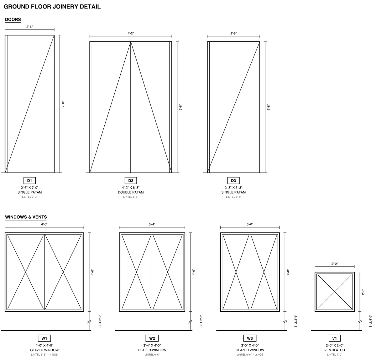 Door and window detail sheet: each door and window drawn face-on with its width, height, sill and lintel, marked D1 to D3, W1 to W3 and V1