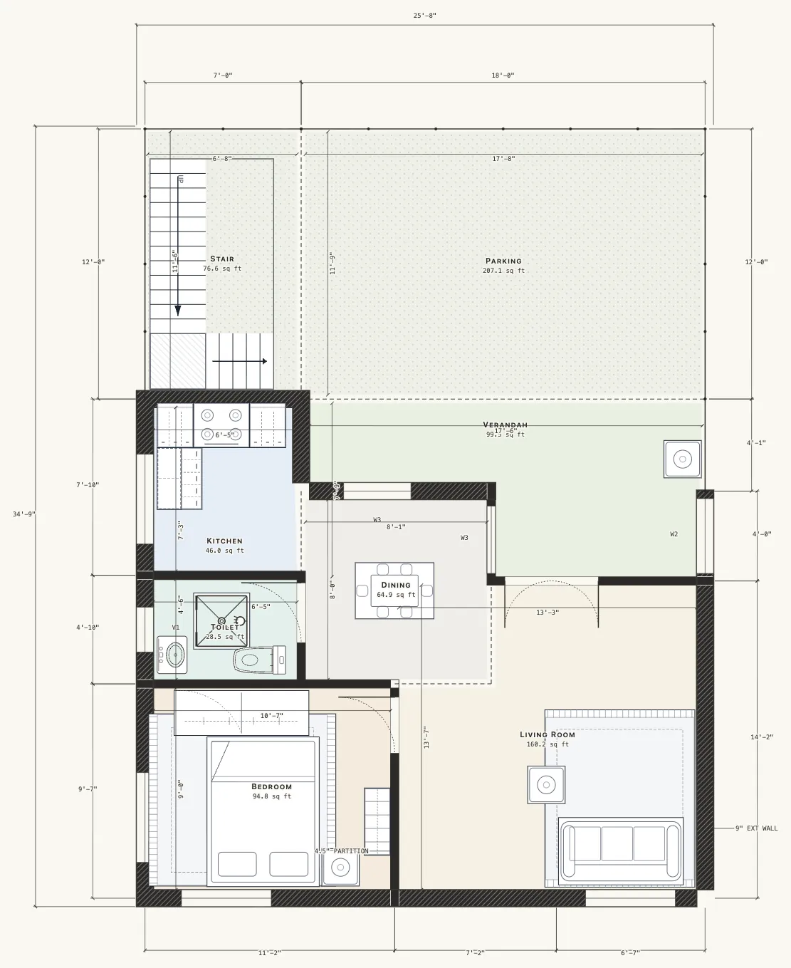 Dimensioned ground floor plan of a 30 by 40 foot, north-facing 2 BHK two-storey house with parking, stair, kitchen, dining, living room and a bedroom