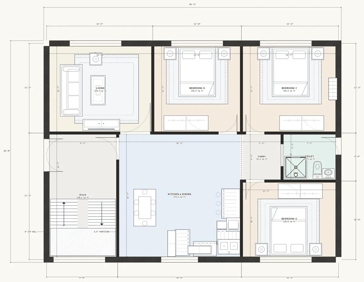 Dimensioned floor plan of a 30 by 40 foot, east-facing 3 BHK single-storey house