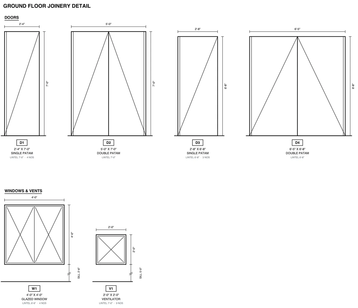 Door and window detail sheet for a 2 BHK house: every door and window drawn face-on with its size, sill and lintel