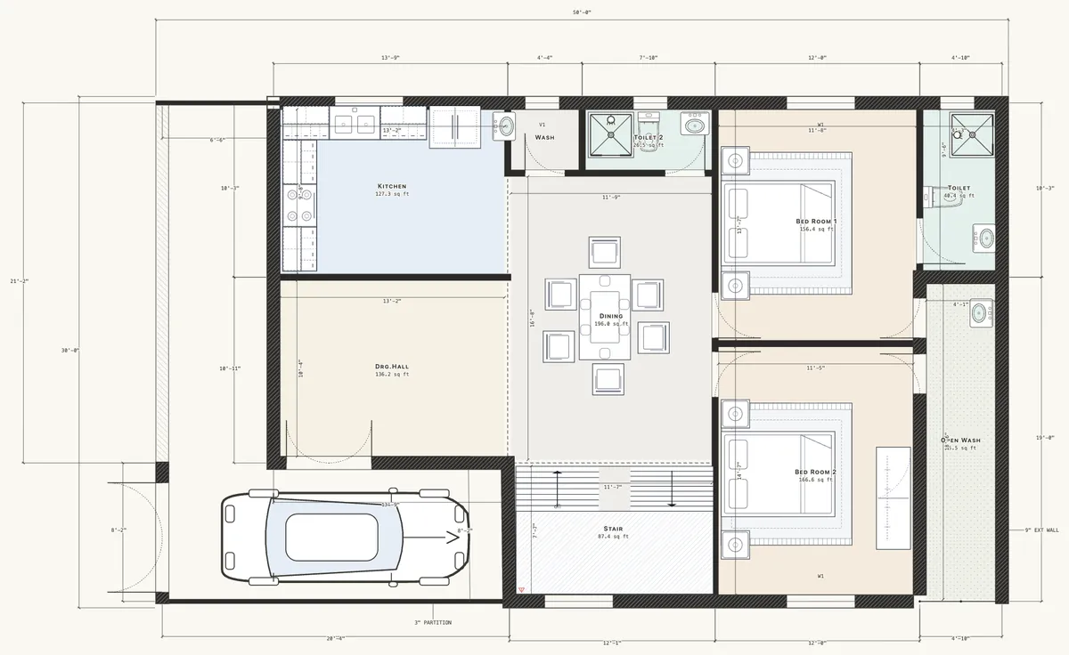 Dimensioned floor plan of a 30 by 50 foot, east-facing 2 BHK single-storey house with car parking, drawing hall, dining, kitchen and two bedrooms