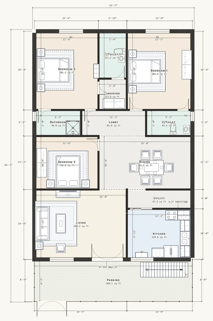 Dimensioned floor plan of a 40 by 60 foot, south-facing 3 BHK single-storey house with car parking
