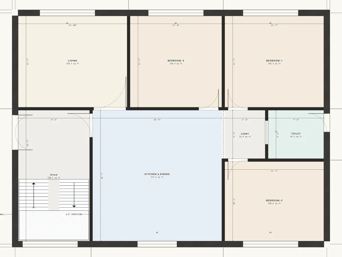 A raw floor plan layout of a 30 by 40 foot 3BHK house: rooms and walls only, no furniture, no schedules